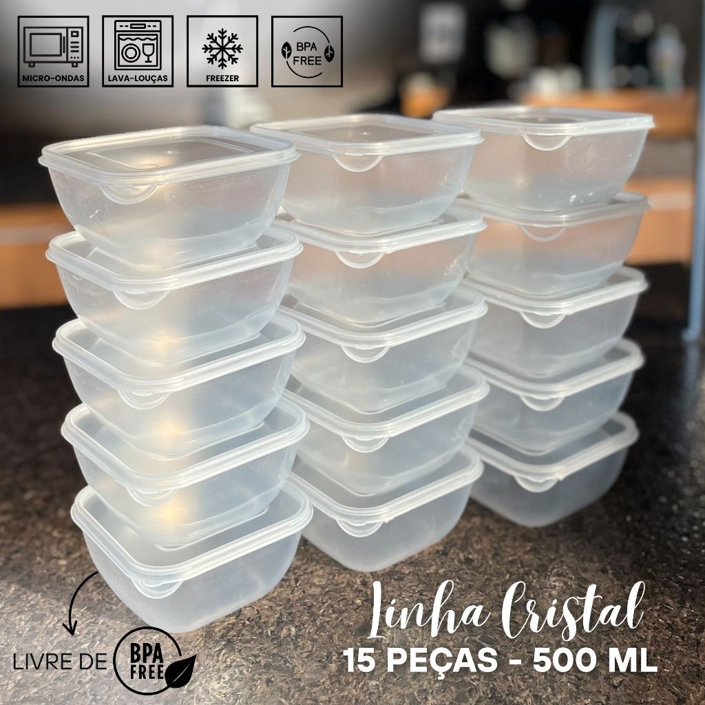 Kit com 15 Potes Quadrados 500 ML Linha Cristal Herméticos Livre de BPA Marmita Fitness Pequenas Porções