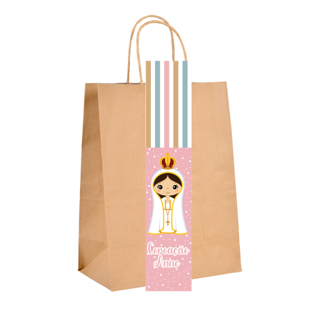 ROTULO ADESIVO PERSONALIZADO PARA SACOLINHAS KRAFT  LEMBRANCINHAS FESTA COROAÇÃO NOSSA SENHORA DE FATIMA