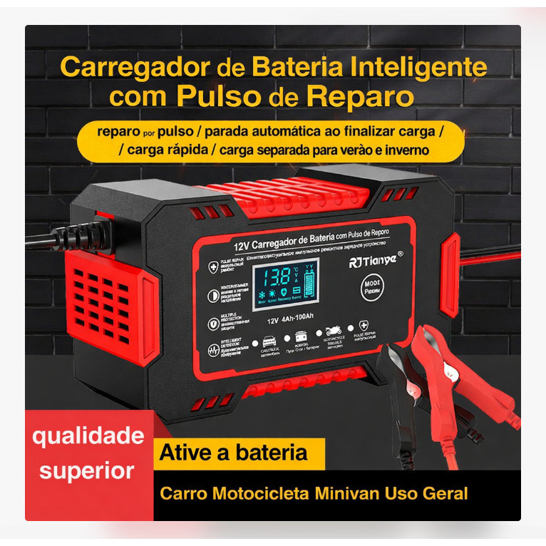 Carregador de Bateria 12V Bivolt Inteligente Digital 2Ah a 100Ah para Carros e Pickups