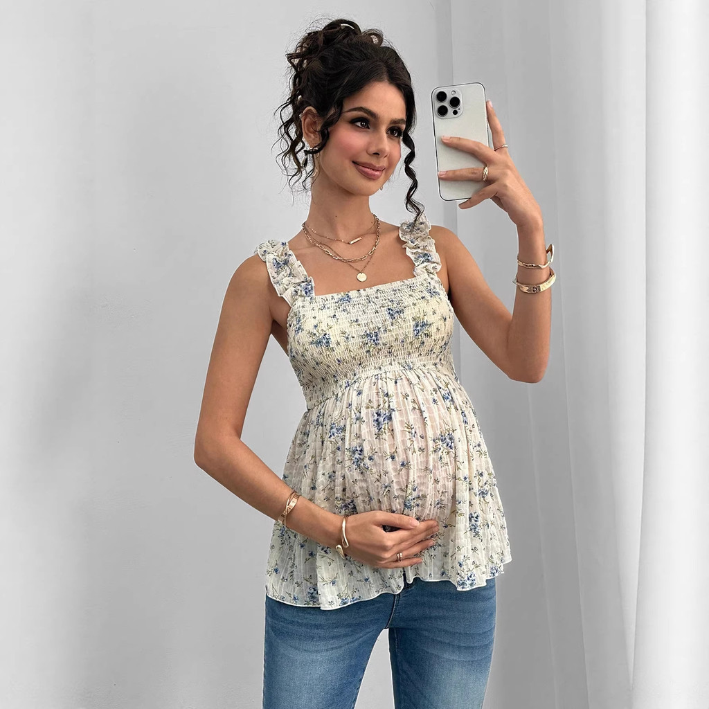 Roupas de maternidade primavera/verão 2026, nova camisola estampada para gestantes, top de maternidade com decote quadra