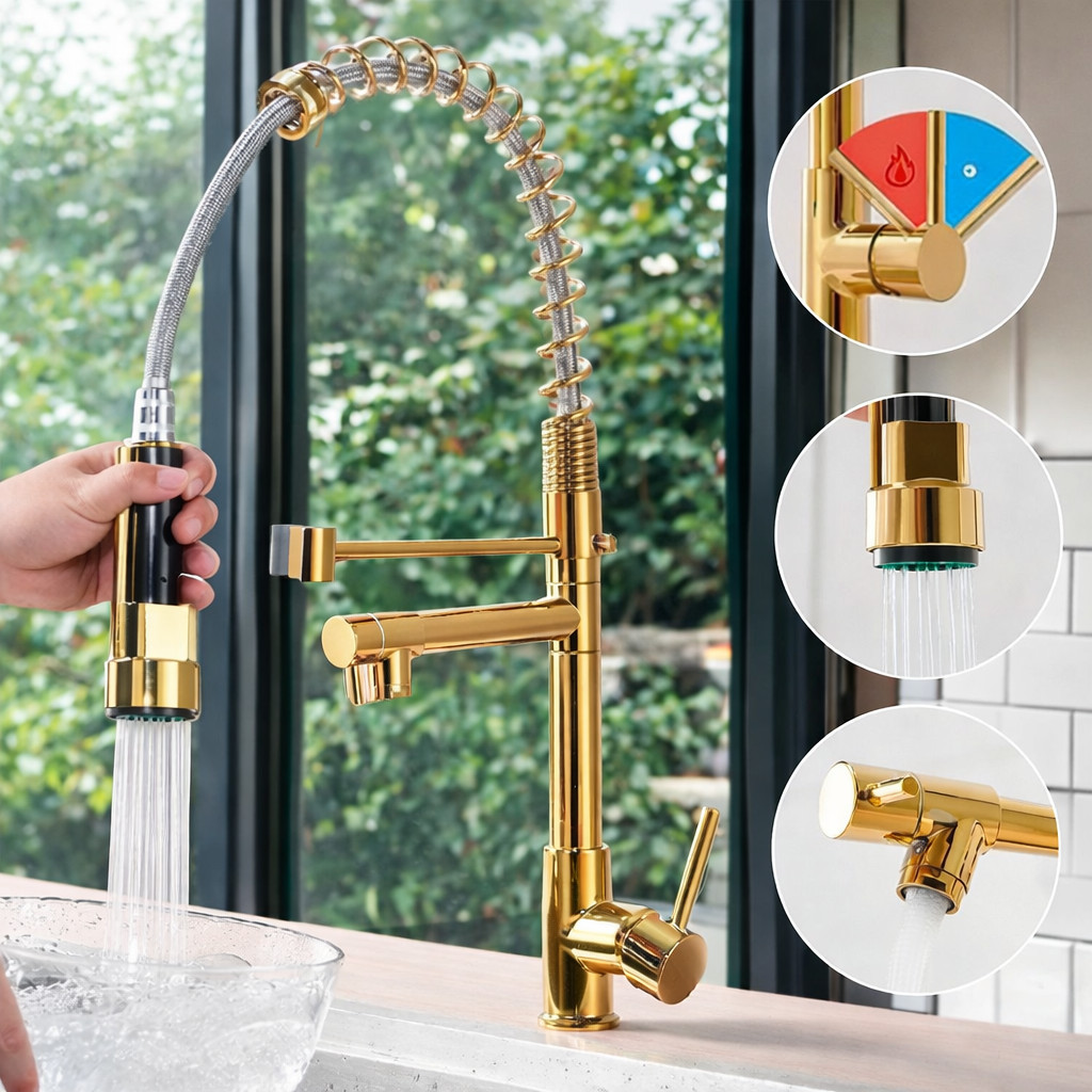 Detalhes do Torneira Gourmet Monocomando Premium 360 Graus Alta Pressao Preto Dourado Cozinha Luxo Moderno