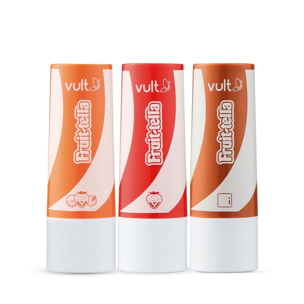 Combo Balm Labial Vult&Fruit-Tella®: Rosa Perolado Fruit Mix 3,5g + Marrom Caramelo 3,5g + Vermelho Morango 3,5g em Oferta na Shopee