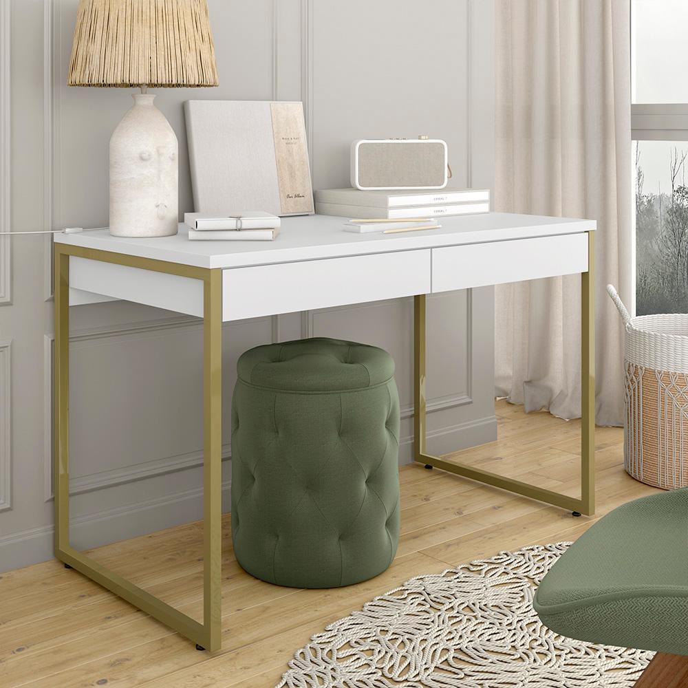 Escrivaninha Industrial Vancouver Com 2 Gavetas Dourado/branco - M.a em Oferta na Shopee