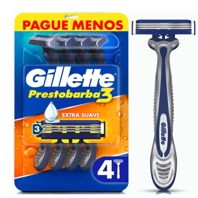GILLETTE PRESTOBARBA3 EXTRA SUAVE  PAGUE MENOS -4unidades