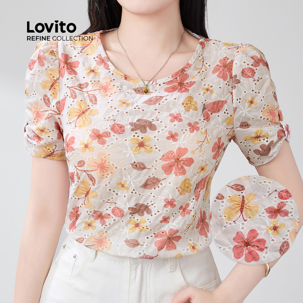 (Lovito Refine) Blusa Casual com Laço Bordado de Ilhós Primavera/verão Blusa multicolor LR21E203 em Oferta na Shopee
