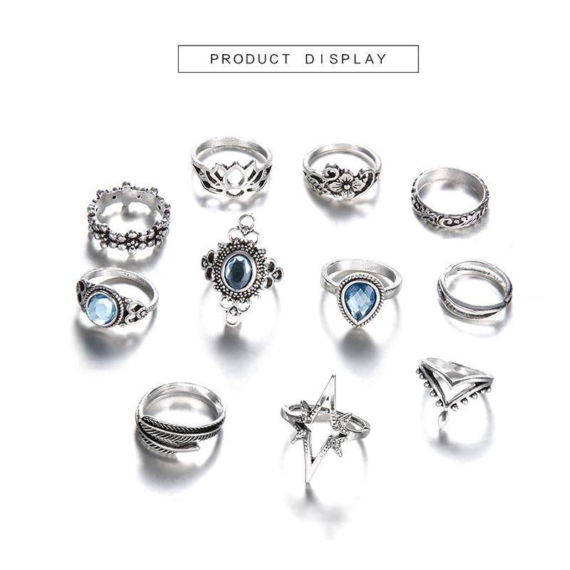 11 Pçs/Set Retro Safira Flores Anel De Dedo Conjunto Boho Coroa Estrela Esculpida Joint Knuckle Rings Mulheres