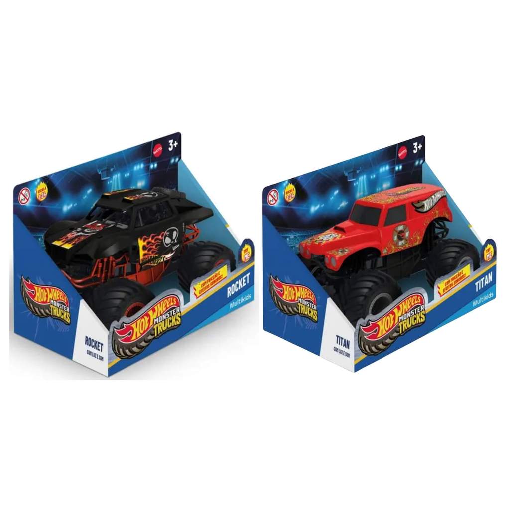 Kit 2 Und. Hot Wheels Monster Truck c/ Luz e Som Titan + Rocket