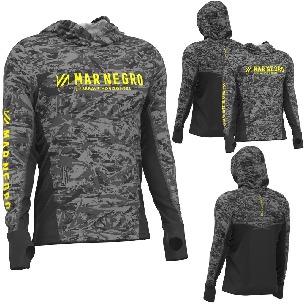 Camisa De Pesca com Capuz e Proteção Solar Mar Negro X Protection Sublimada Camuflada Chumbo com Luvinha de Punho