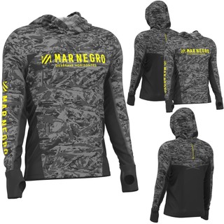 Camisa De Pesca com Capuz e Proteção Solar Mar Negro X Protection Sublimada Camuflada Chumbo com Luvinha de Punho