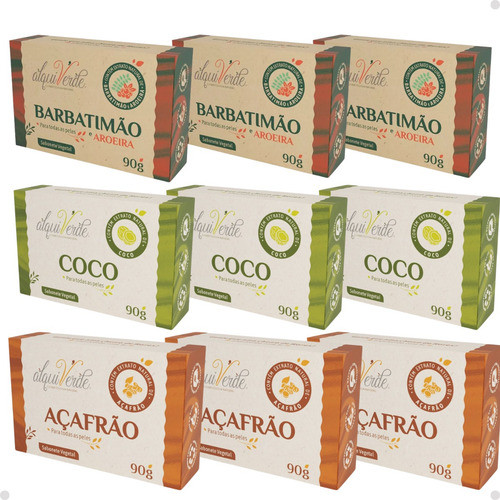 Kit 9 Sabonetes em Barra Naturais de Coco, Açafrão, Aroeira e Barbatimão – Antisséptico, Hidratante e Cicatrizante