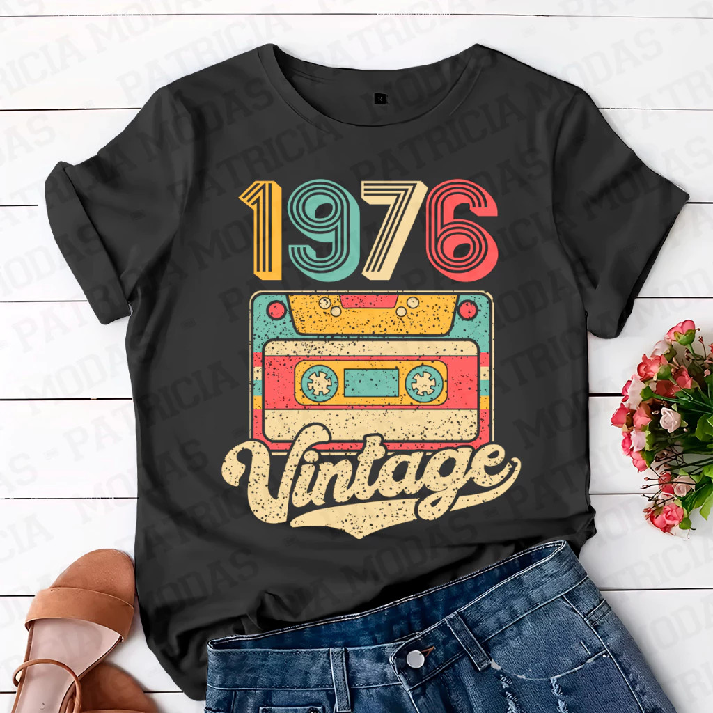 amiseta Unissex Vintage Radio 1976 100% Algodão Casual T-shirt Feminino Masculino Verão em Oferta na Shopee