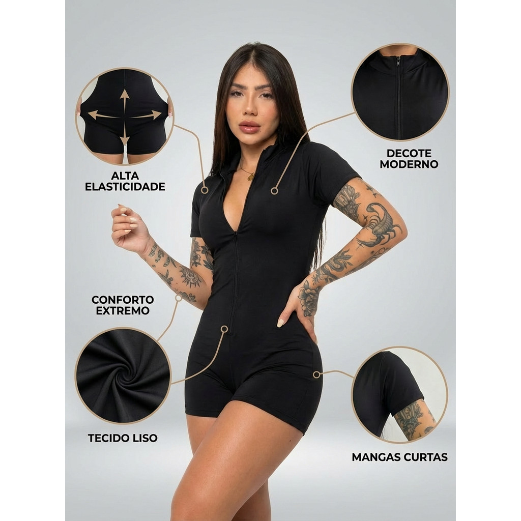 Macaquinho Feminino Coladinho Academia Manga Curta Short Curto Preto Suplex Com Ziper Macacão