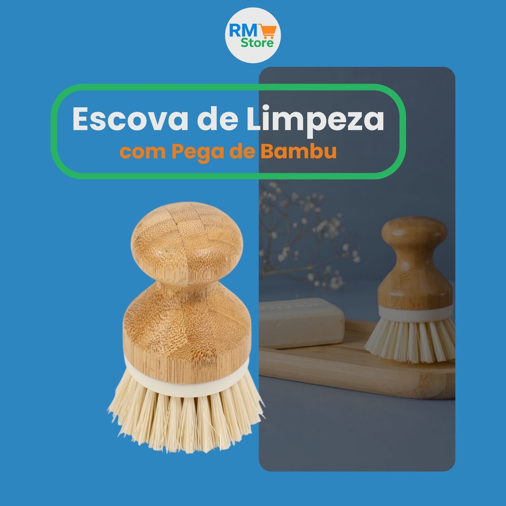 Escova de Limpeza Redonda Multiuso com Pega de Bambu – Praticidade para Cozinha e Banheiro