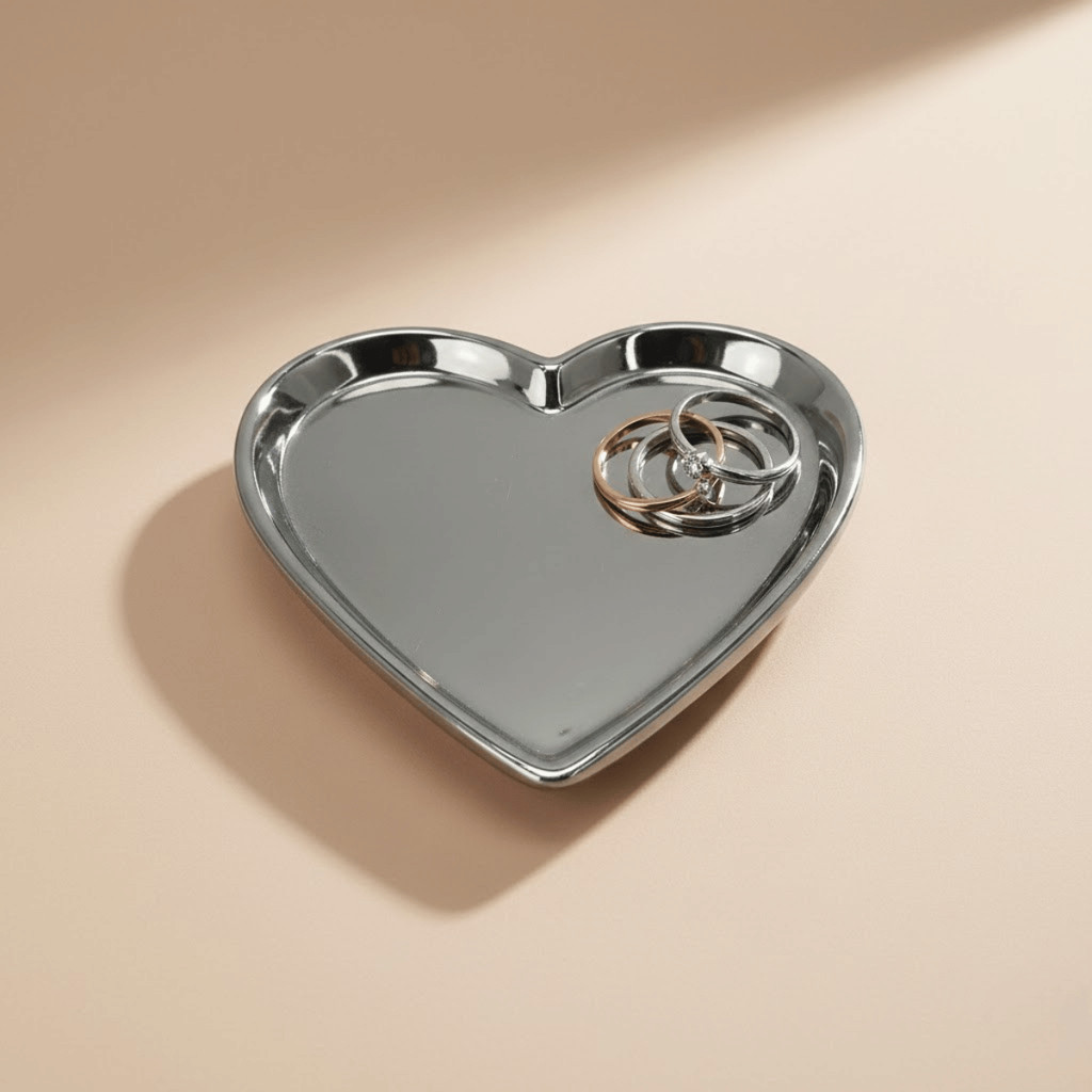 Porta Aneis Porcelana Shinny Heart Prata 15cm - House36 / Organizadora Decoração Mesa Presente