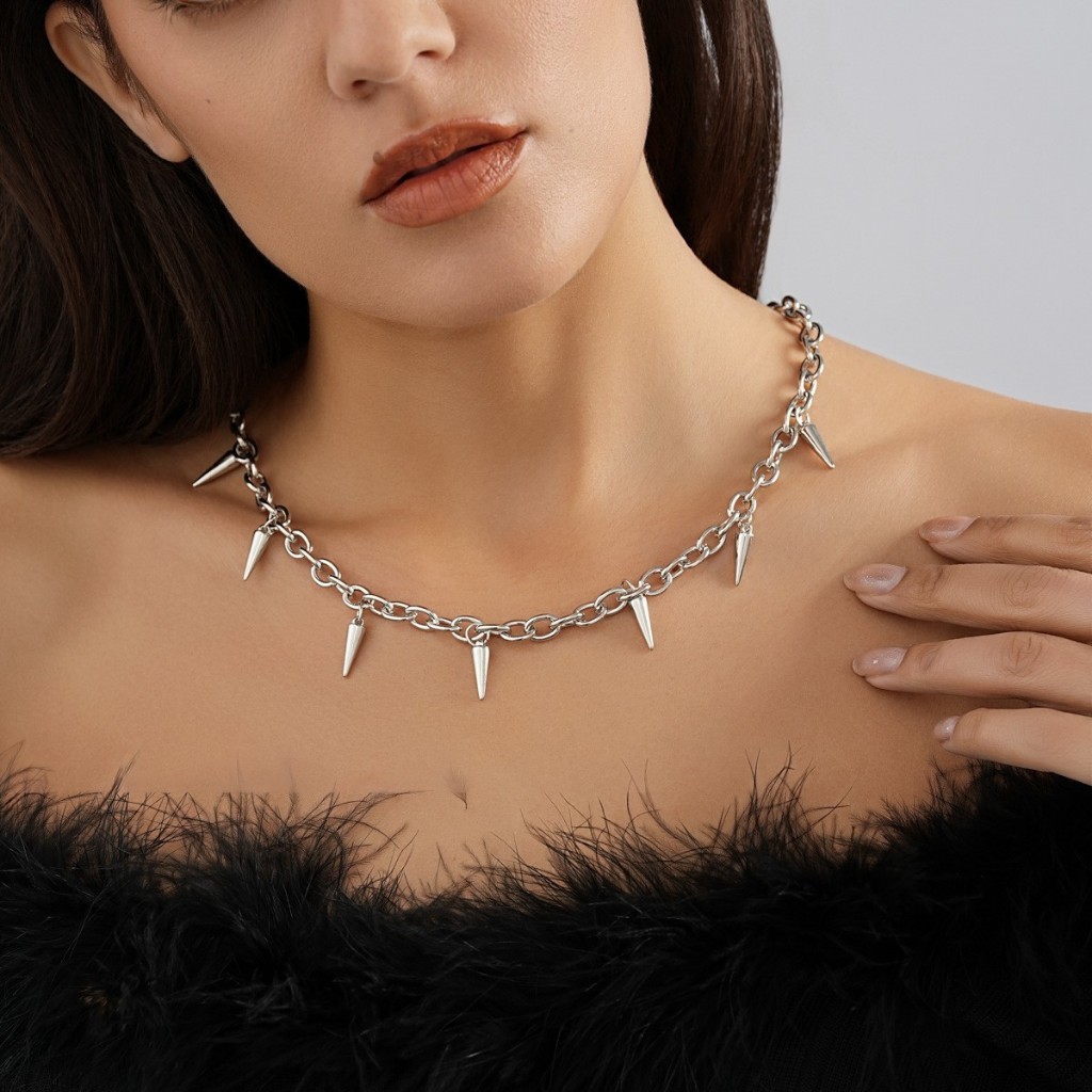 Colar corrente cordão y2k punk espinhos prata Unissex em Oferta na Shopee