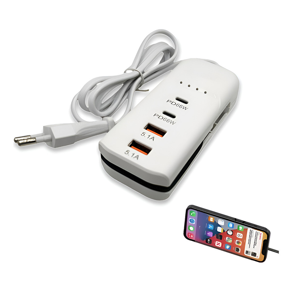 Extensão Carregador Turbo 66w Celular 2 Saídas Usb 2 Tipo C Branco
