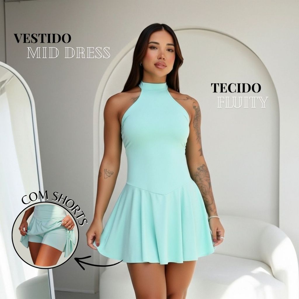 Vestido Feminino Mid Dress Com Shorts Interno E Costas Abertas Tecido Fluity Gola Alta E Saia Godê