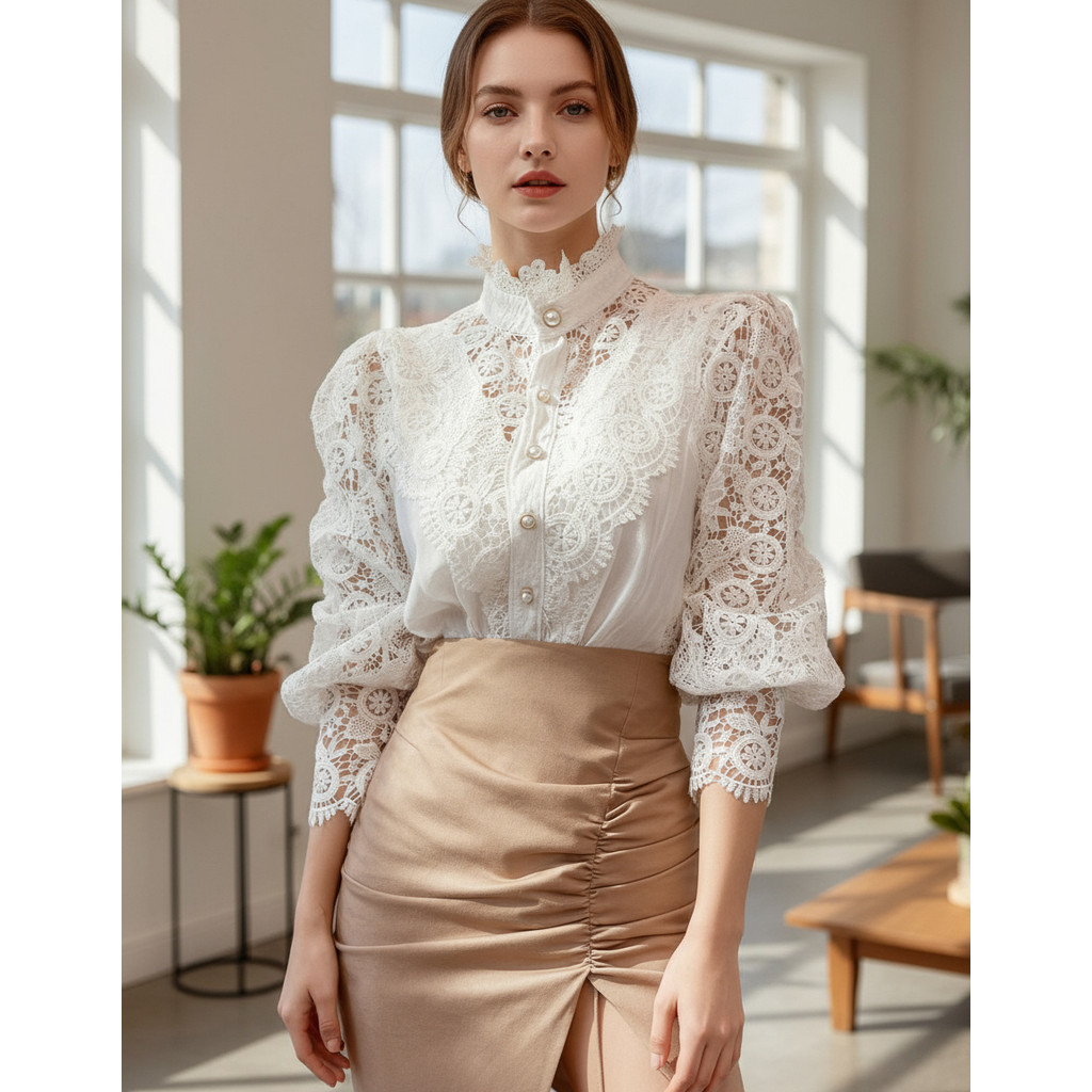 Blusa de Renda Feminina Gola Alta Manga Longa Bufante Elegante para Festa e Trabalho QUALY