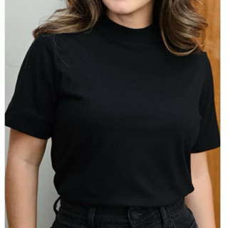 Blusa T-Shirt Camiseta Feminina Gola Alta 100% Algodão Gola Ribana Estilo Moda Blogueira em Oferta na Shopee