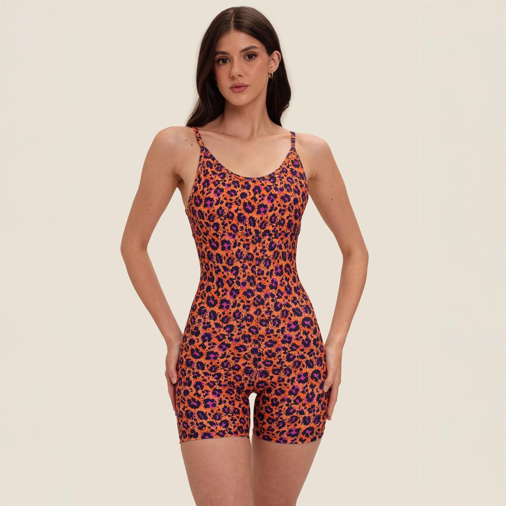 Macaquinho Mykonos Estampa Onça Coral Poliamida Com Bojo em Oferta na Shopee