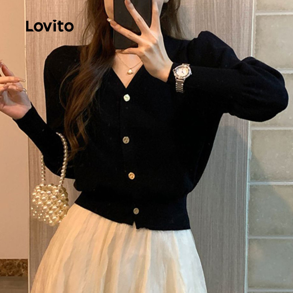 Lovito Cardigans Elegantes com Botão para Lazer Outono/inverno Cardigans Pretos para mulheres LNA126012 em Oferta na Shopee