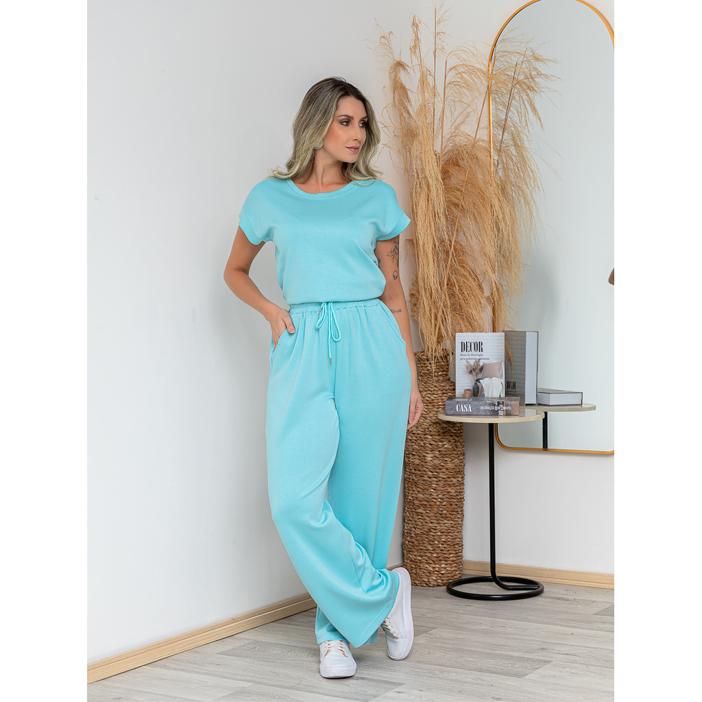 Conjunto Feminino Algodao Blusa Manga Curta Calça Pantalona com Cordão Casual Elegante