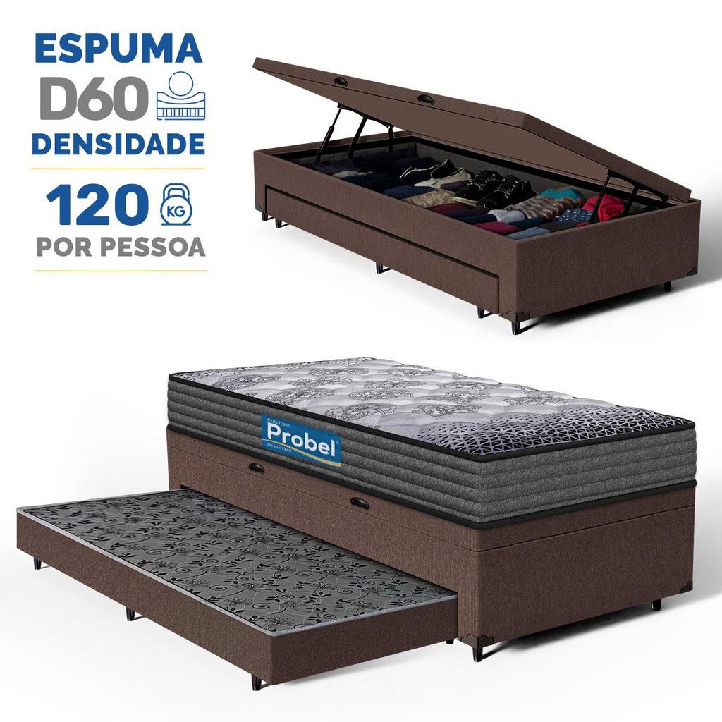 Box Baú + Colchão D60 Double Face Guarda Costas Comfort Force Probel + Auxiliar Solteiro 88cm em Oferta na Shopee