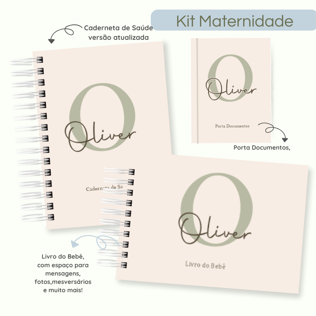 Kit Caderneta de Vacinação e Saúde + Livro do Bebê + Porta documentos Clean Personalizado com nome