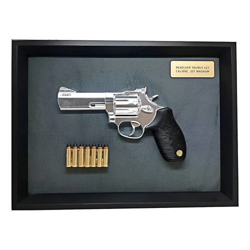 Quadro Decorativo Alto Relevo Revólver Taurus 627 - Cal. 357 Magnum - Feito em Resina - 3D