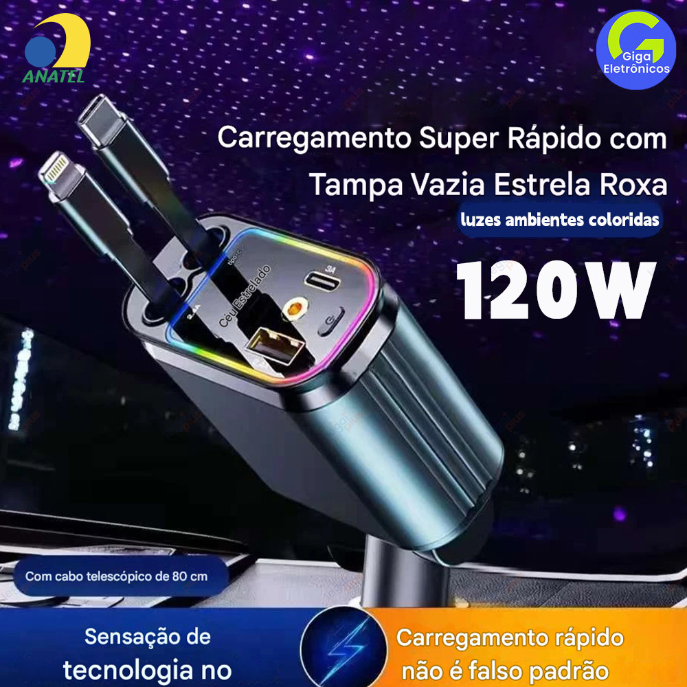 Carregador Automotivo Retrátil 4 em 1 com Rotação 180° Cabo Flexível e Iluminação LED para Celulares