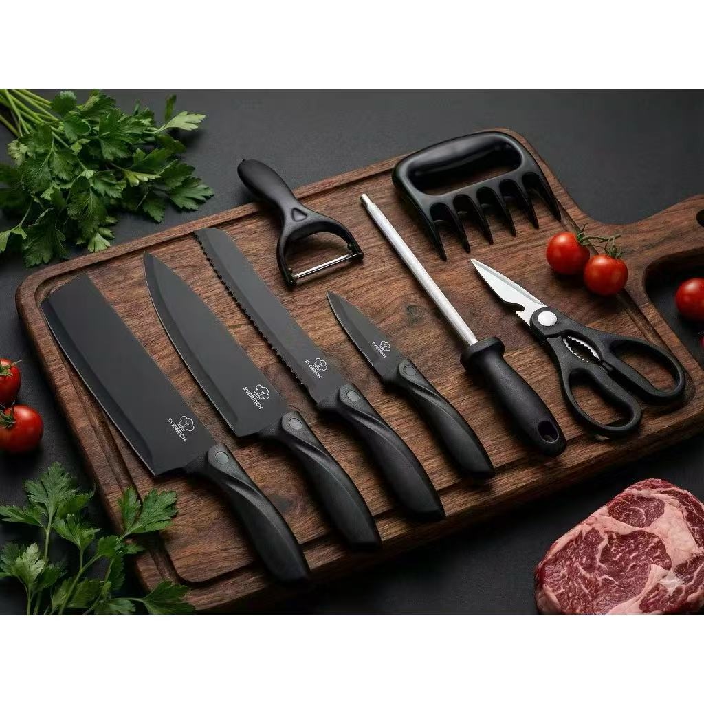 Imagem Jogo KIT 8 peças Facas Descascador Tesoura Profissional Cozinha Gourmet Faca de Churrasco Profissional Antiaderent -MGC