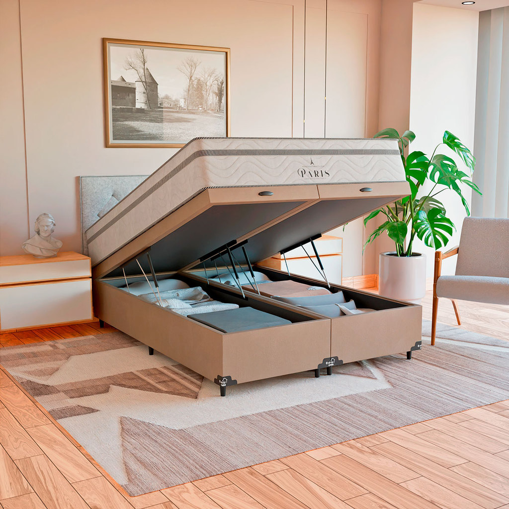 Cama Box Baú Casal Bipartido Bege + Colchão Paris Branco