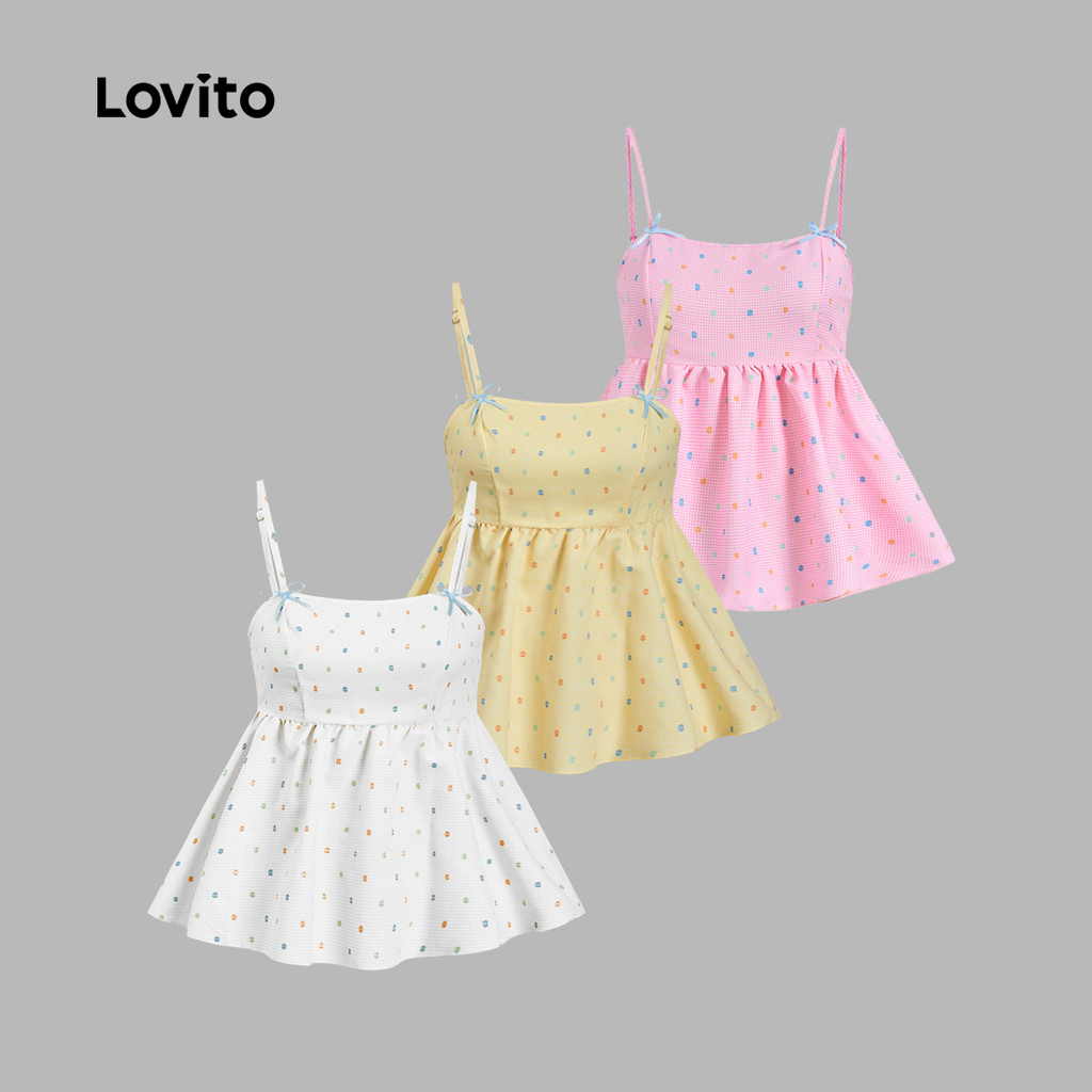 Lovito Regata Fofa De Bolinhas Com Cadarço E Laço Para Mulheres L117AD0297 em Oferta na Shopee