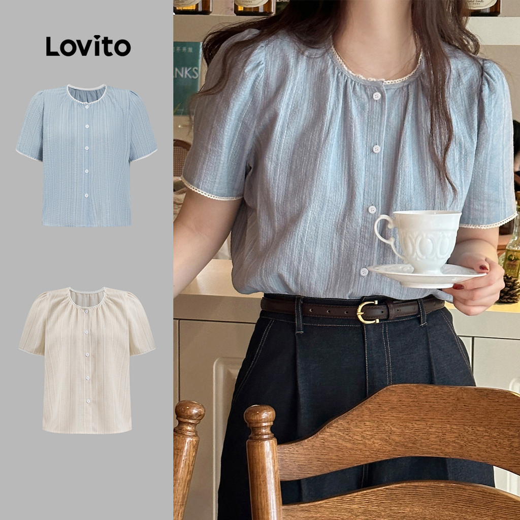 Lovito Blusa Casual Listrada Com Botões Blusa De Verão Para Mulheres L99ED673 em Oferta na Shopee