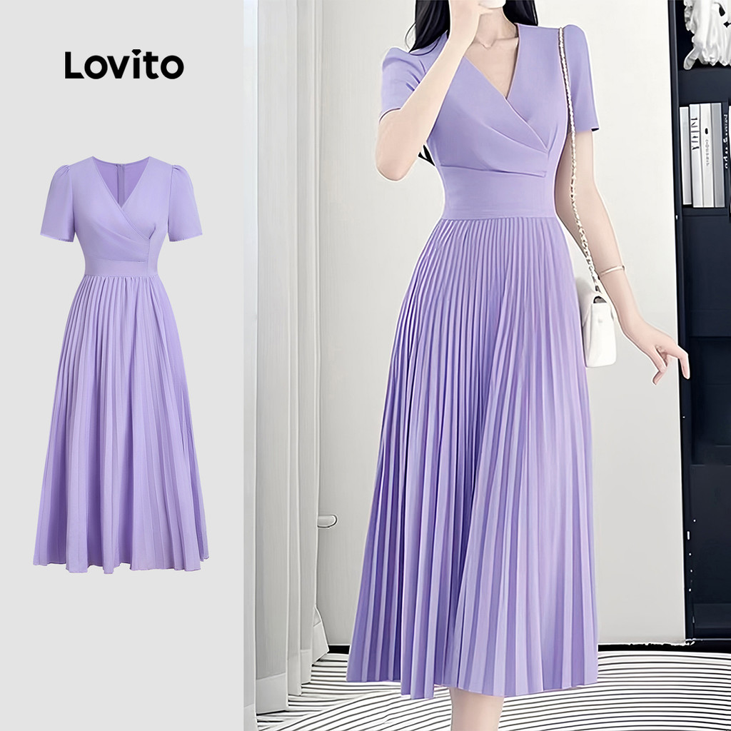 Lovito Vestido Elegante Plissado com Zíper Macio e Confortável Primavera/verão Roxo L137ED032 em Oferta na Shopee