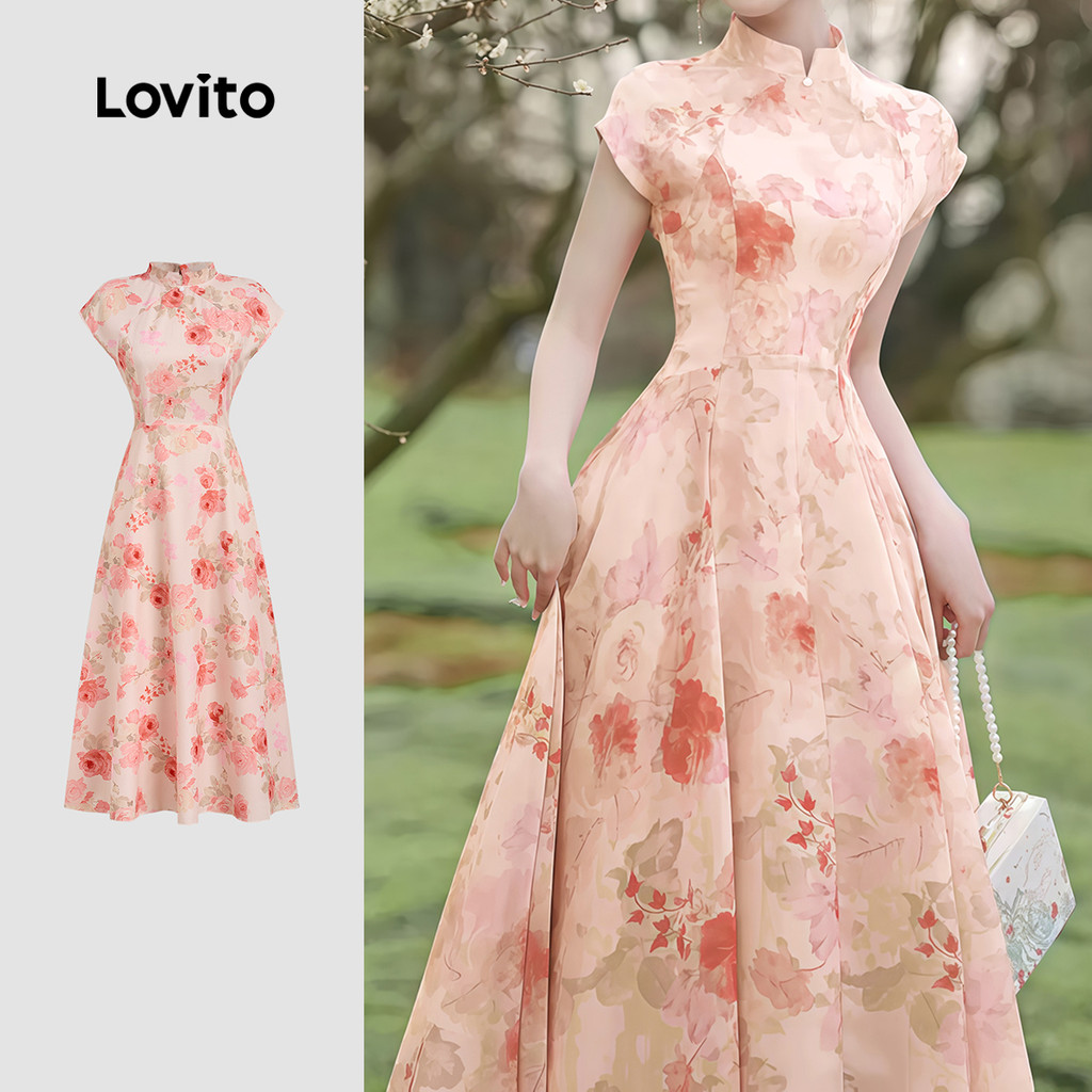 Lovito Vestido Elegante Estilo Chinês Rosa Primavera/verão Para Mulheres LK2ED1684 em Oferta na Shopee