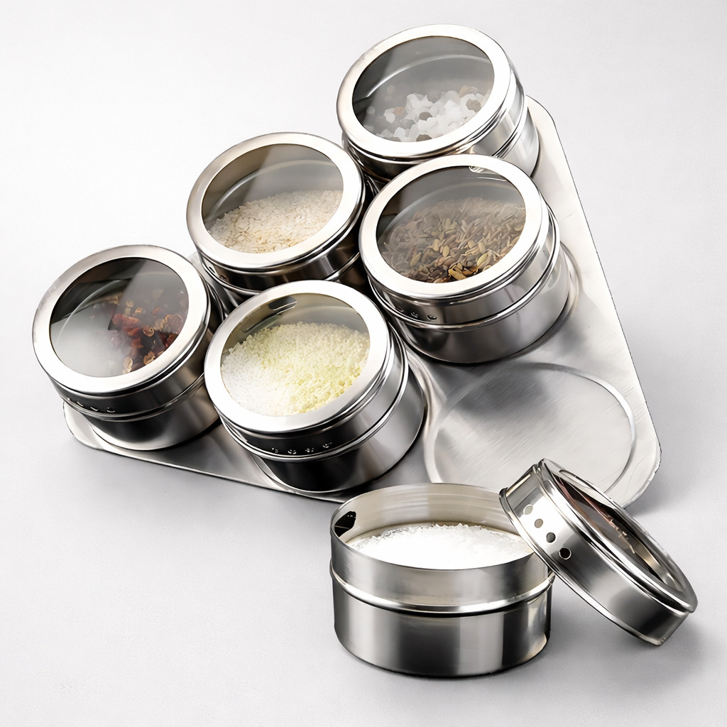 Porta Condimento Tempero Inox Magnético Imã Geladeira 4 E 6 Peças Potes Cozinha Micro-ondas
