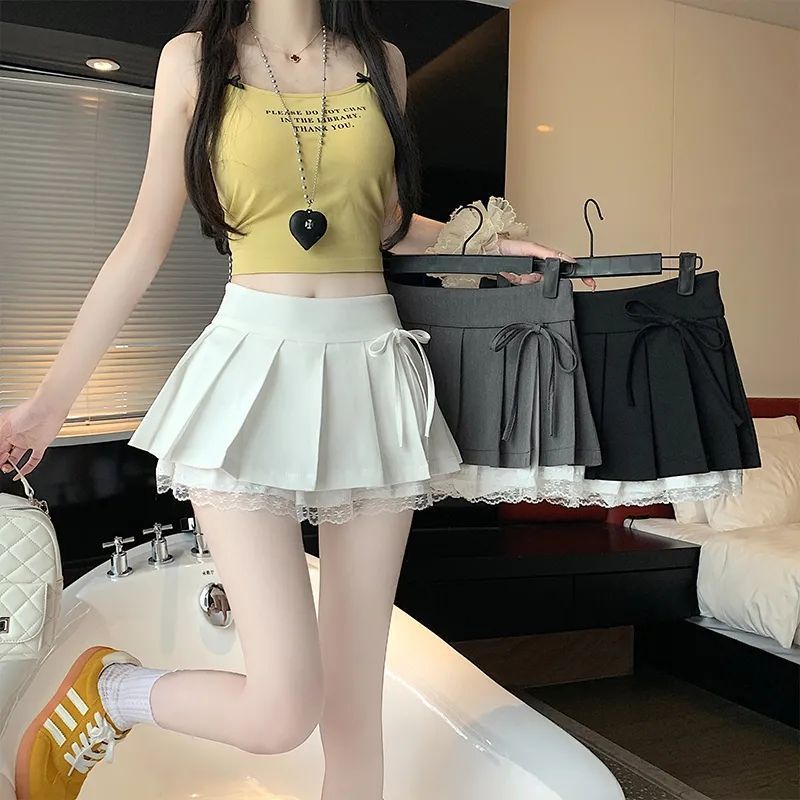 Saia Mini Plissada Estilo Doce e Puro para Mulheres, Nova Saia Ultra Curta de Cintura Alta com Laço e Detalhes em Renda
