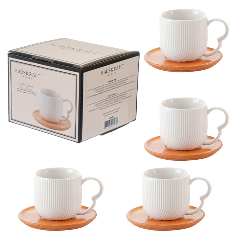 Jogo 4 Xícaras Porcelana Branco De Café Chá Com Pires de Bambu Madeira Oásis 90ml — imagem 2 de 2
