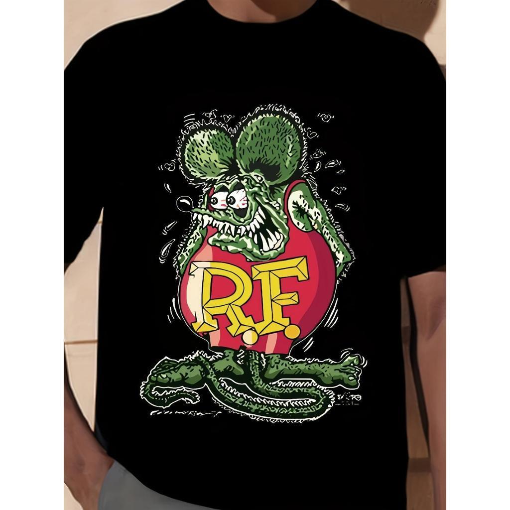 Camiseta gráfica Rat Fink - Camiseta preta casual com decote redondo e design vermelho e amarelo ousado, perfeita para g