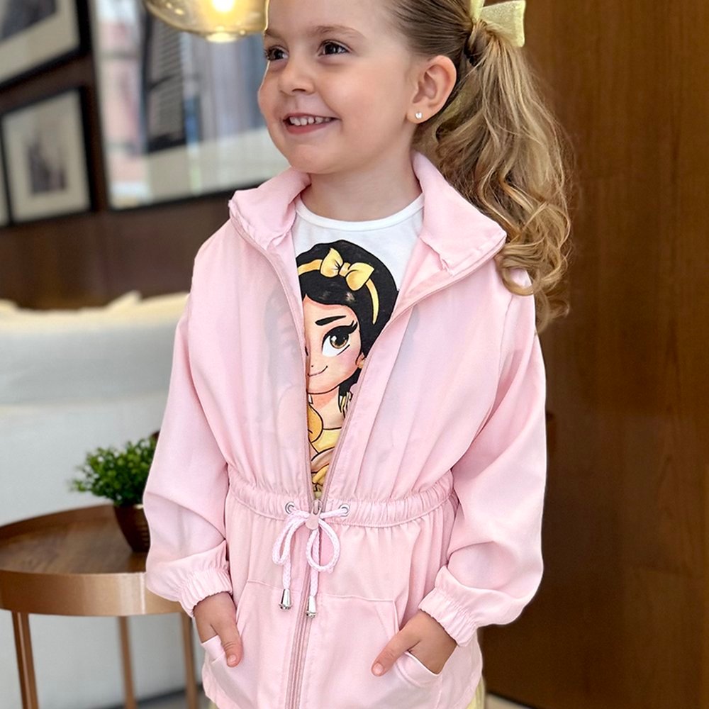 Jaqueta PARKA Infantil Corta Vento Manga Longa Laço Bolsinhos Rosa
