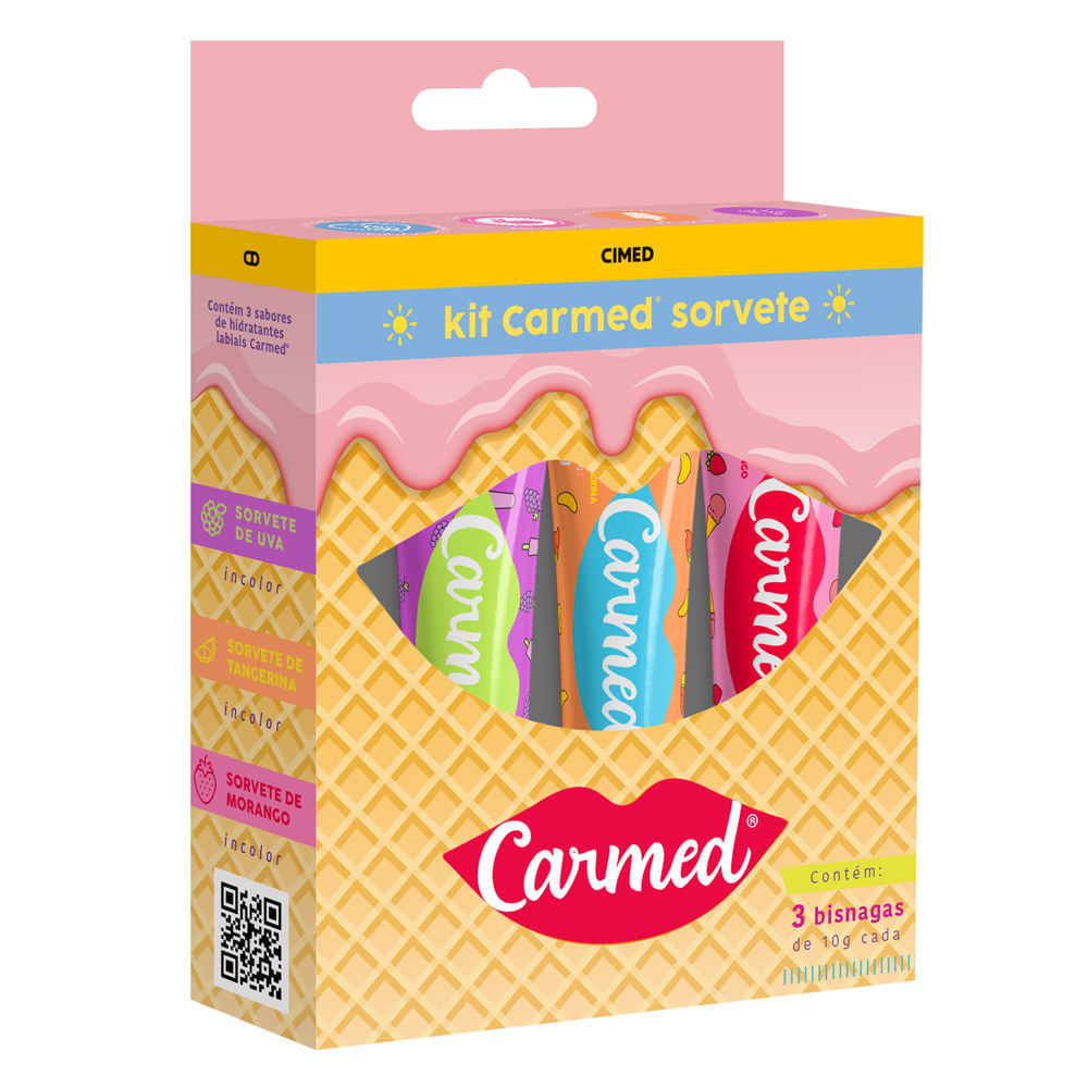 Kit Carmed Sorvete Hidratante Labial Sabores Uva Tangerina e Morango Incolor 3 Unidades de 10g cada