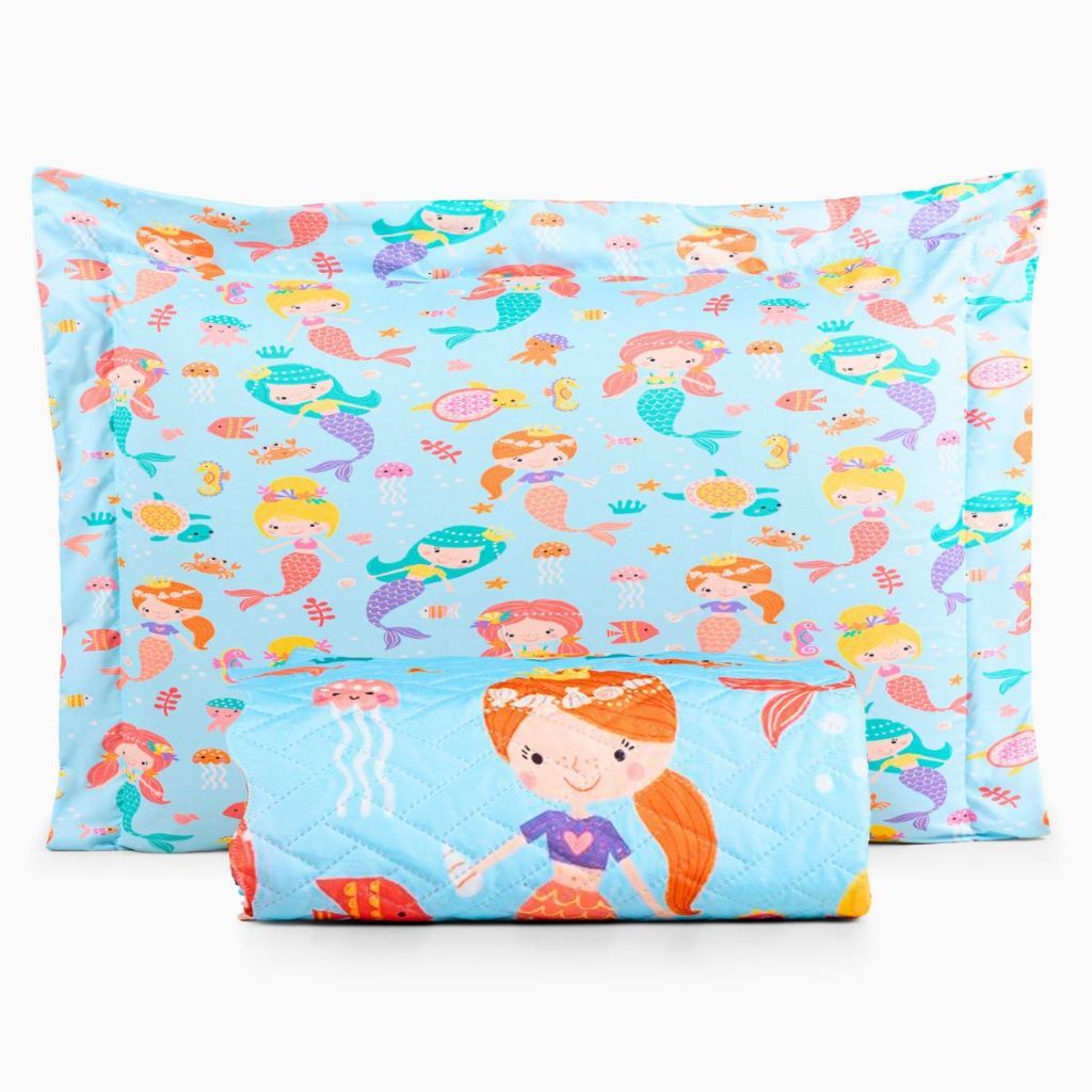 Colcha Cocha Coxa Cobre Leito Jogo Roupa Cama Solteiro Avulso Matelado Quarto Menina FundoMar Sereia