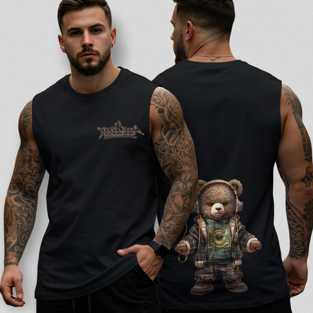 Regata Oversized Masculina Urso Street 152 Algodão Camiseta Longline Treino Estampa Moda Streetwear