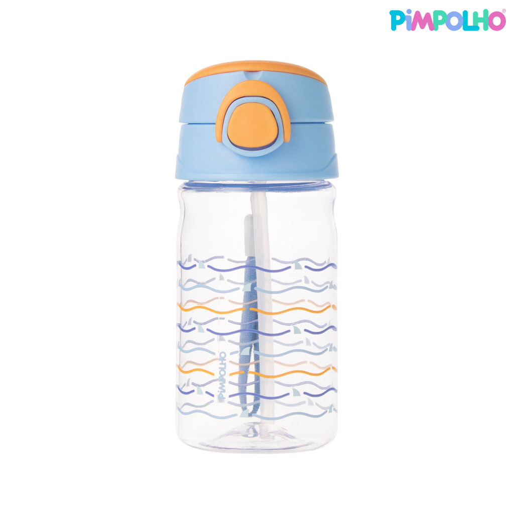 Garrafinha Infantil com Canudo Silicone Pimpolho 370ml com Trava Garrafa Menino Azul Ondas