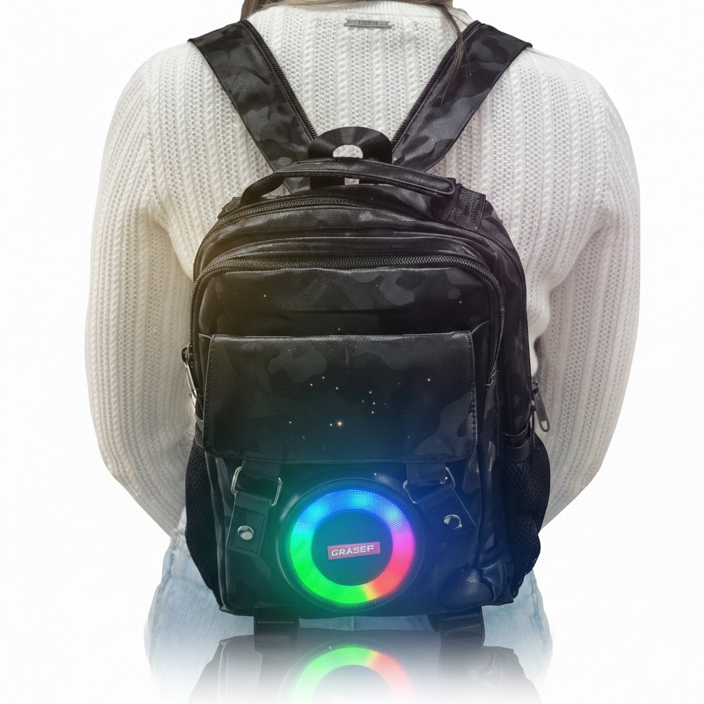 Mochila Com Caixa De Som Bluetooth Integrada 12W RMS LED RGB Potente Som Grave Bateria Recarregável USB TF FM