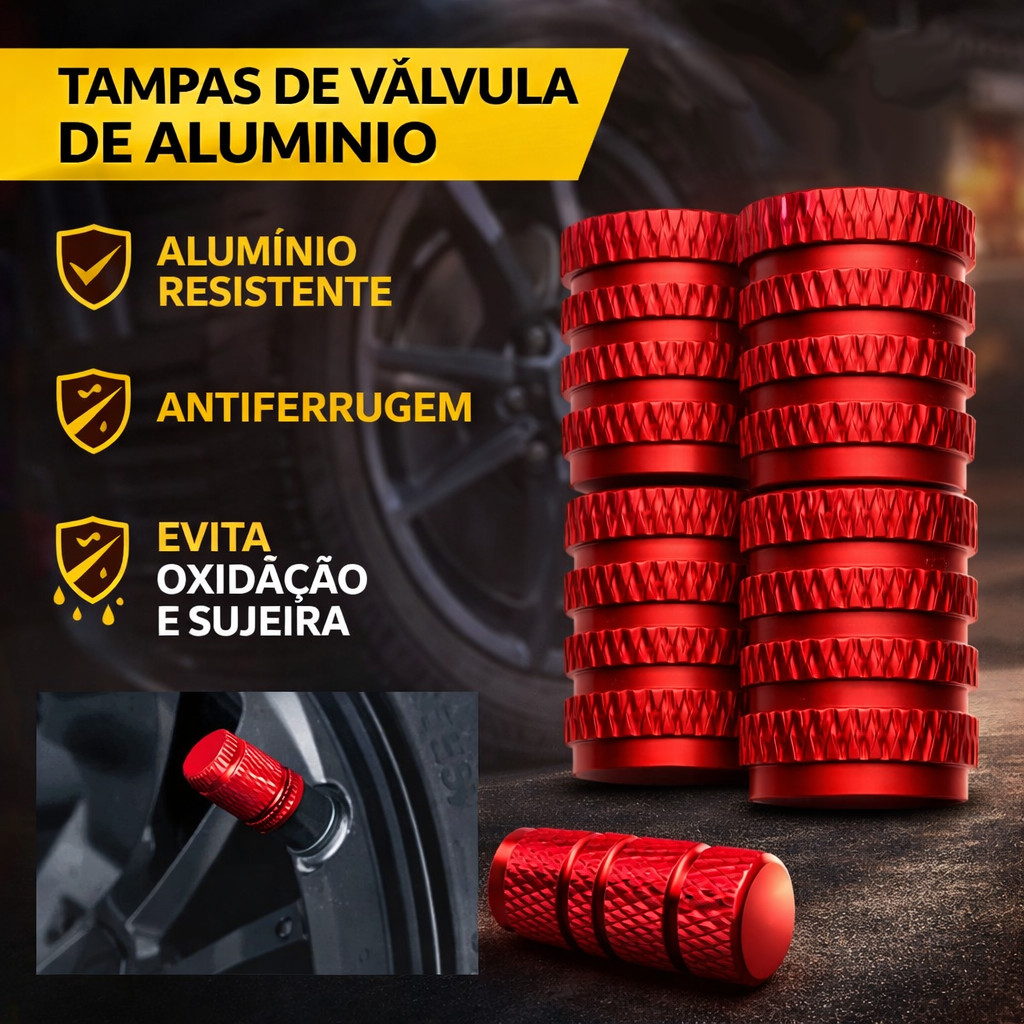 Kit Tampa Bico de Válvula Vermelho Alumínio Universal Pneu Carro Moto Bike Proteção Metal Anticorrosivo Premium