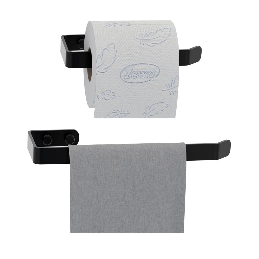 Kit Porta Toalha de Rosto + Porta Papel Higiênico Preto Fosco Alumínio Premium Banheiro Plus