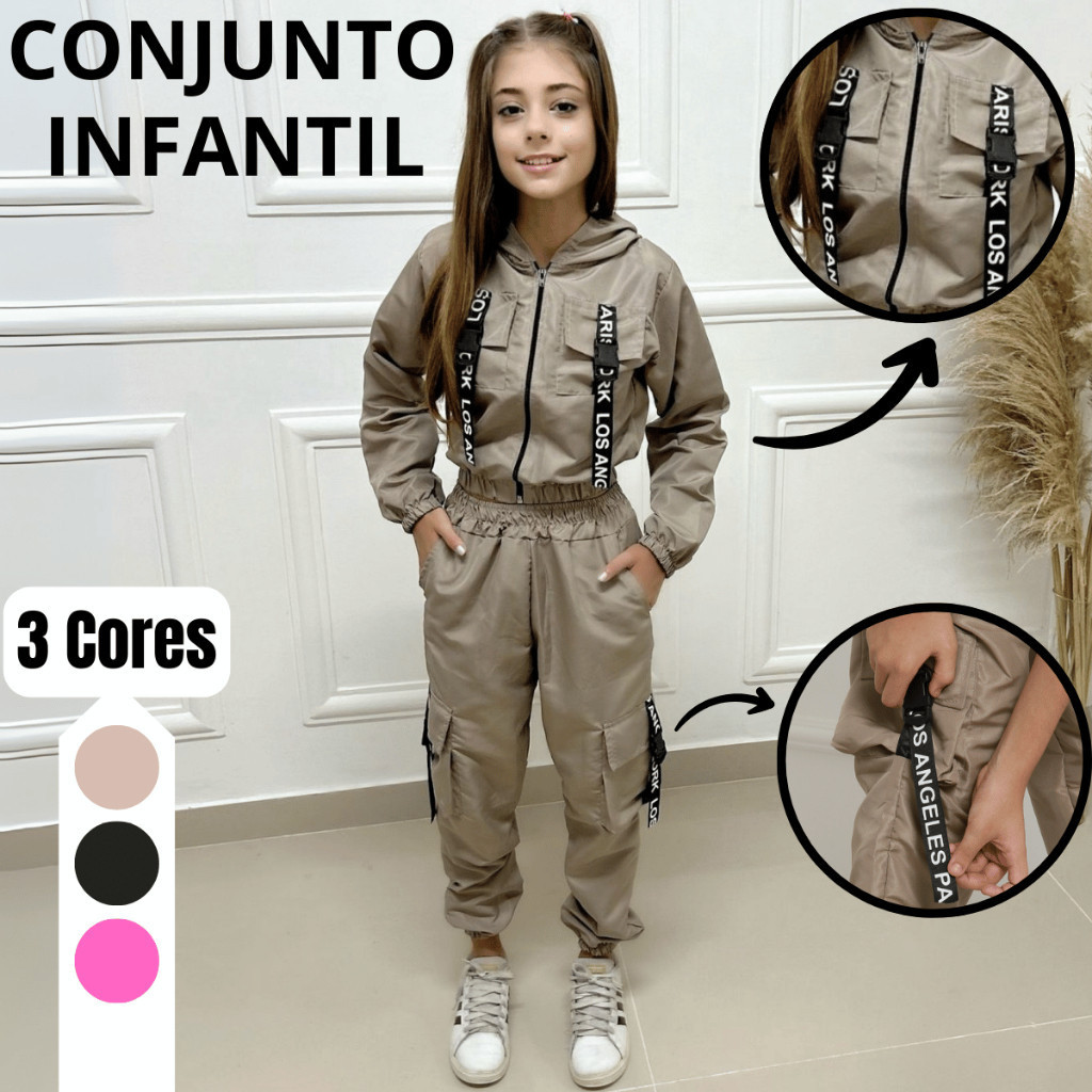 Conjunto Menina Blusinha Bomber e Calça Tactel Jogger Cargo Infantil Juvenil Jaqueta Blusa Calca Top