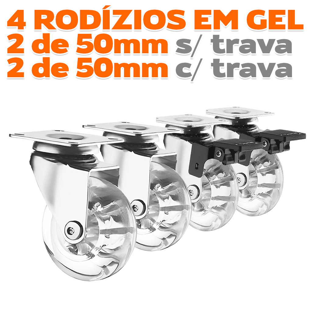 Kit 4 Rodízio Giratório Em Gel Transparente - 2 De 50mm Com Freio e 2 De 50mm Sem Freio